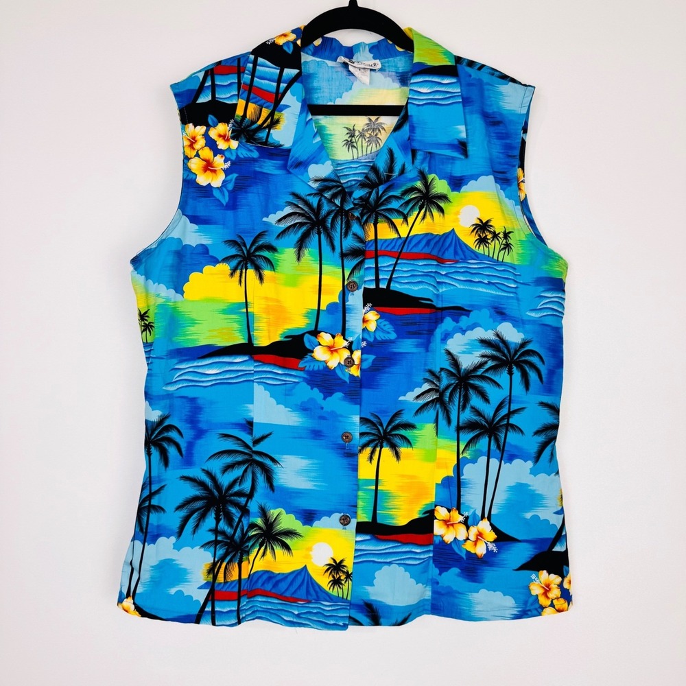 Aloha Republic Hawaiian Top Womens XL Blue Tropical Scenic Cotton Sleeveless